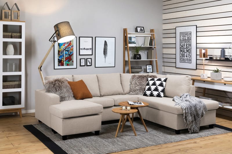 Crazy 4-seters Høyrevendt U-formet Small Sofa med Divan og Sjeselong i Stoff - Beige - Møbler - Sofaer - Sofaer med sjeselong - 4 seters sofa med divan
