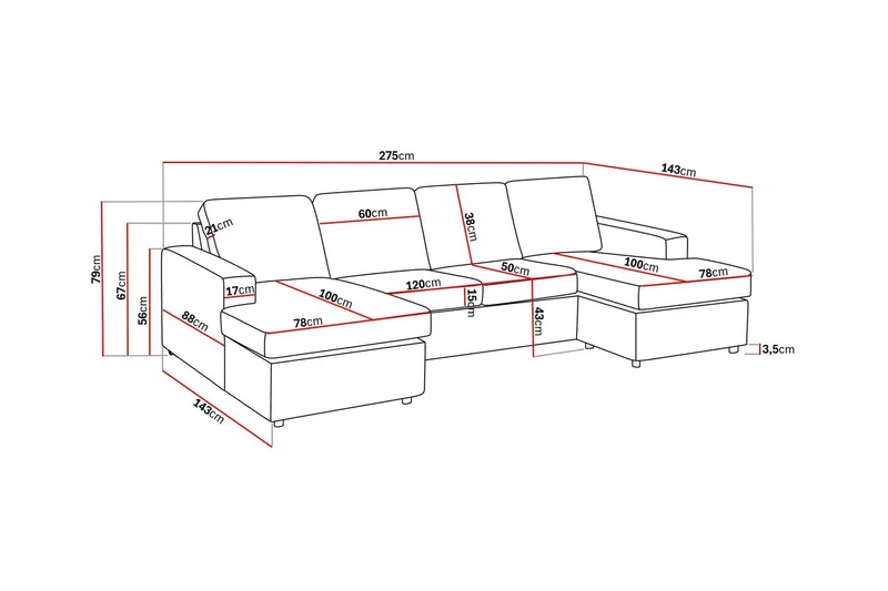 Crazy 4-seters U-formet Sofa med Dobbeldivan i Stoff - Antrasitt - Møbler - Sofaer - U-sofa