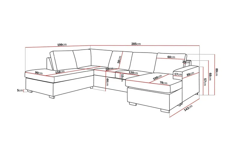 Crazy 4-seters Venstrevendt U-formet Large Sofa med Divan og Sjeselong i Kunstlær - Svart - Møbler - Sofaer - Sofaer med sjeselong - 4 seters sofa med divan