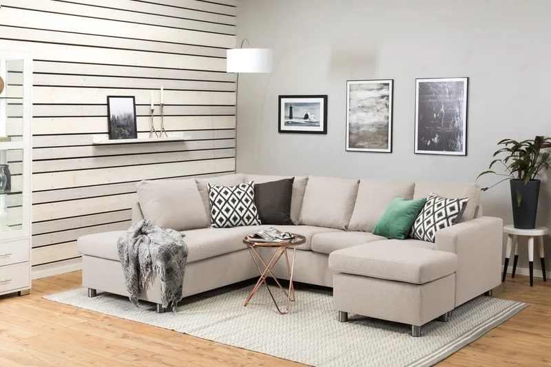 Crazy 4-seters Venstrevendt U-formet Large Sofa med Divan og Sjeselong i Stoff - Beige - Møbler - Sofaer - Sofaer med sjeselong - 4 seters sofa med divan