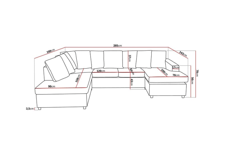 Crazy 4-seters Venstrevendt U-formet Large Sofa med Divan og Sjeselong i Stoff inkl. Pynteputer - Antrasitt - Møbler - Sofaer - U-sofa
