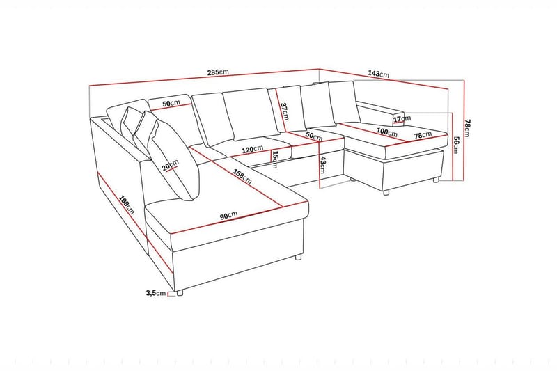 Crazy 4-seters Venstrevendt U-formet Large Sofa med Divan og Sjeselong i Stoff inkl. Pynteputer - Antrasitt - Møbler - Sofaer - U-sofa