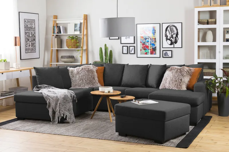 Crazy 4-seters Venstrevendt U-formet Large Sofa med Divan og Sjeselong i Stoff inkl. Pynteputer - Antrasitt - Møbler - Sofaer - U-sofa