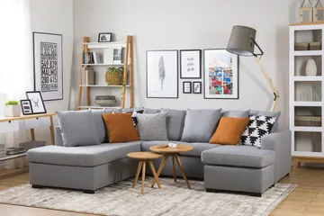 Crazy 4-seters Venstrevendt U-formet Small Sofa med Divan og Sjeselong i Stoff inkl. Pynteputer - Grå - Møbler - Sofaer - U-sofa