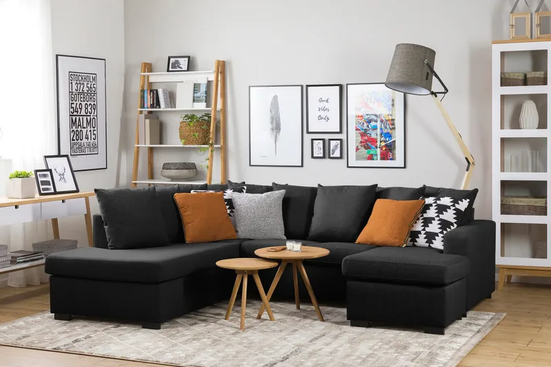 Crazy 4-seters Venstrevendt U-formet Small Sofa med Divan og Sjeselong i Stoff inkl. Pynteputer - Mørk grå - Møbler - Sofaer - U-sofa