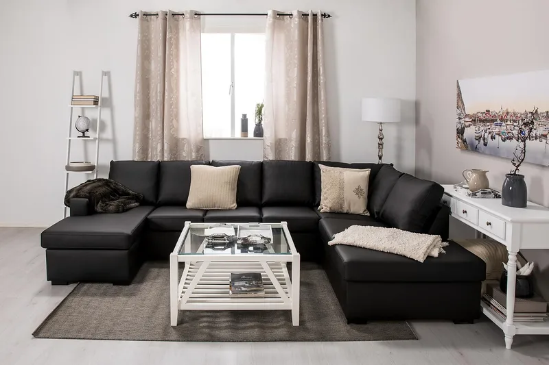 Crazy 5-seters Høyrevendt U-formet X-Large Sofa med Divan og Sjeselong i Kunstlær - Svart - Møbler - Sofaer - Skinnsofaer