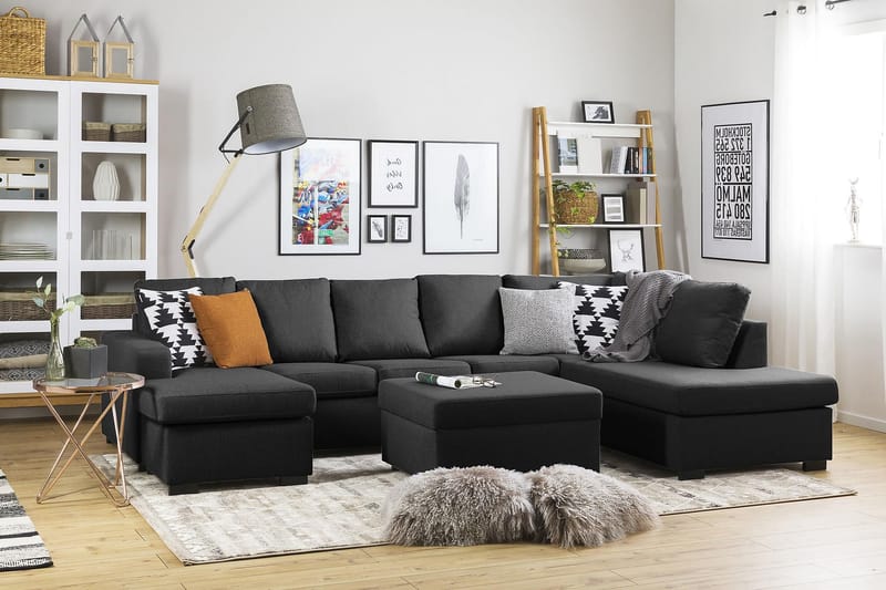 Crazy 5-seters Høyrevendt U-formet X-Large Sofa med Divan og Sjeselong i Stoff - Antrasitt - Møbler - Sofaer - U-sofa