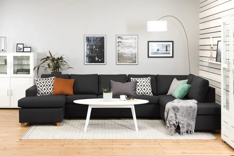 Crazy 5-seters Høyrevendt U-formet X-Large Sofa med Divan og Sjeselong i Stoff - Antrasitt - Møbler - Sofaer - U-sofa