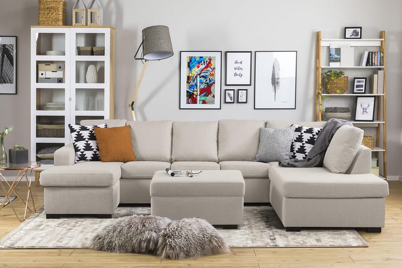 Crazy 5-seters Høyrevendt U-formet X-Large Sofa med Divan og Sjeselong i Stoff - Beige - Møbler - Sofaer - U-sofa