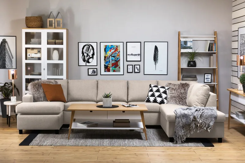 Crazy 5-seters Høyrevendt U-formet X-Large Sofa med Divan og Sjeselong i Stoff - Beige - Møbler - Sofaer - U-sofa