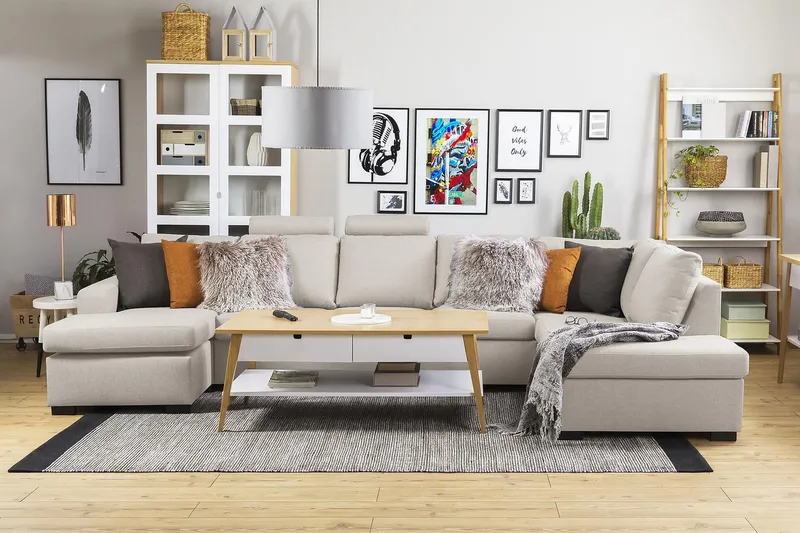 Crazy 5-seters Høyrevendt U-formet X-Large Sofa med Divan og Sjeselong i Stoff - Beige - Møbler - Sofaer - U-sofa