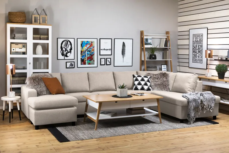 Crazy 5-seters Høyrevendt U-formet X-Large Sofa med Divan og Sjeselong i Stoff - Beige - Møbler - Sofaer - U-sofa