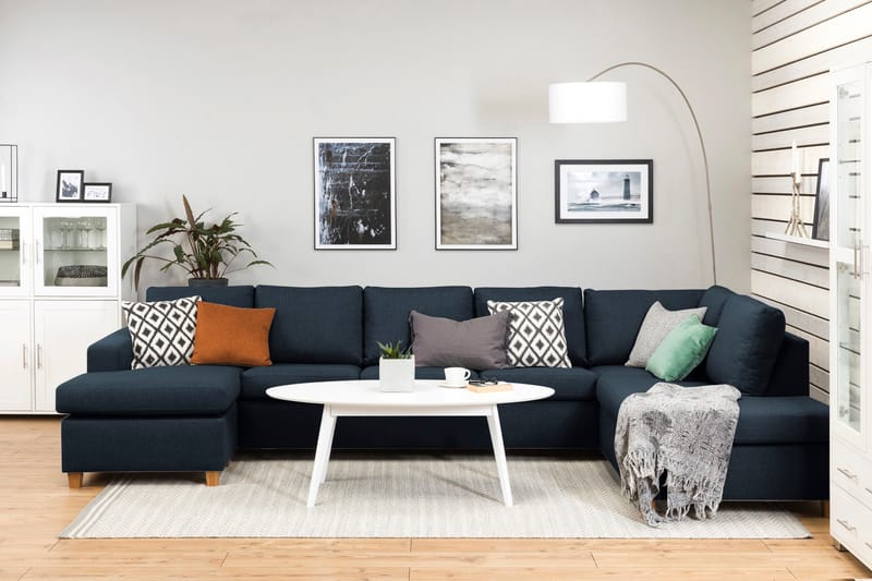 Crazy 5-seters Høyrevendt U-formet X-Large Sofa med Divan og Sjeselong i Stoff - Blå - Møbler - Sofaer - U-sofa