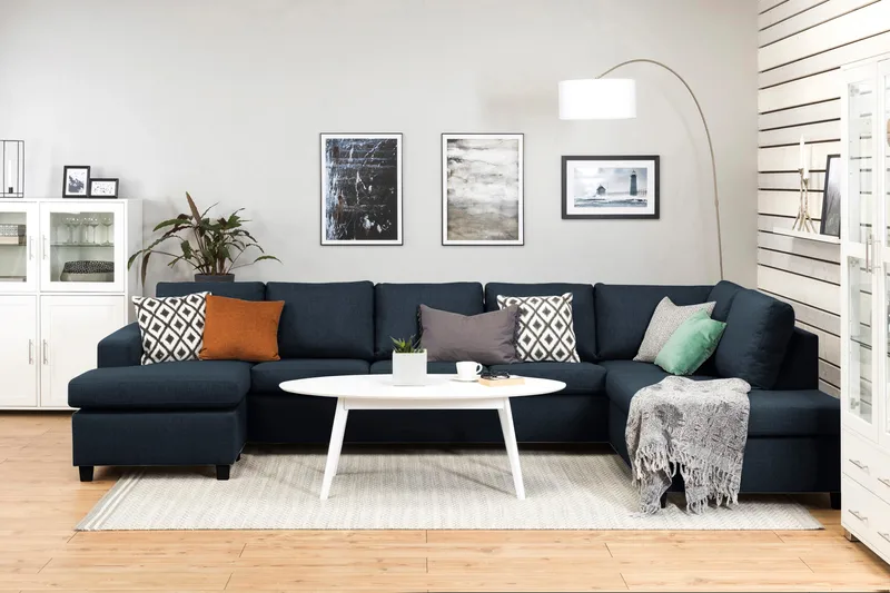 Crazy 5-seters Høyrevendt U-formet X-Large Sofa med Divan og Sjeselong i Stoff - Blå - Møbler - Sofaer - U-sofa