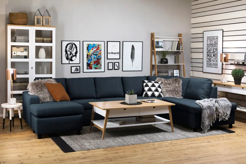 Crazy 5-seters Høyrevendt U-formet X-Large Sofa med Divan og Sjeselong i Stoff - Blå - Møbler - Sofaer - U-sofa