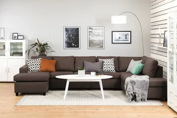 Crazy 5-seters Høyrevendt U-formet X-Large Sofa med Divan og Sjeselong i Stoff - Brun - Møbler - Sofaer - U-sofa