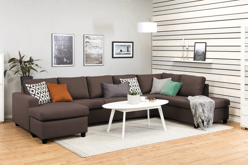 Crazy 5-seters Høyrevendt U-formet X-Large Sofa med Divan og Sjeselong i Stoff - Brun - Møbler - Sofaer - U-sofa