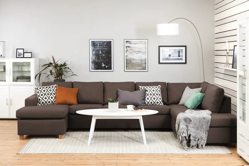 Crazy 5-seters Høyrevendt U-formet X-Large Sofa med Divan og Sjeselong i Stoff - Brun - Møbler - Sofaer - U-sofa