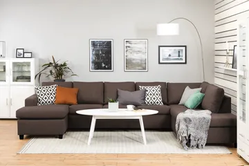 Crazy 5-seters Høyrevendt U-formet X-Large Sofa med Divan og Sjeselong i Stoff - Brun - Møbler - Sofaer - U-sofa