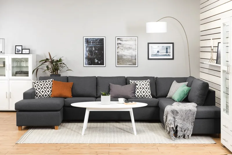 Crazy 5-seters Høyrevendt U-formet X-Large Sofa med Divan og Sjeselong i Stoff - Mørk grå - Møbler - Sofaer - U-sofa