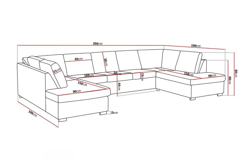 Crazy 5-seters U-formet Sofa med Dobbel Sjeselong i Kunstlær - Svart - Møbler - Sofaer - Skinnsofaer