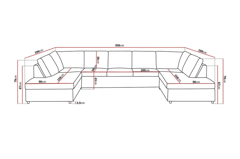 Crazy 5-seters U-formet Sofa med Dobbel Sjeselong i Stoff - Antrasitt - Møbler - Sofaer - U-sofa