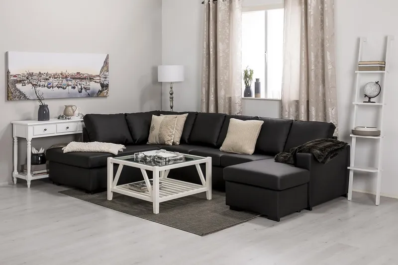 Crazy 5-seters Venstrevendt U-formet Sofa med Divan og Sjeselong i Kunstlær - Svart - Møbler - Sofaer - Skinnsofaer