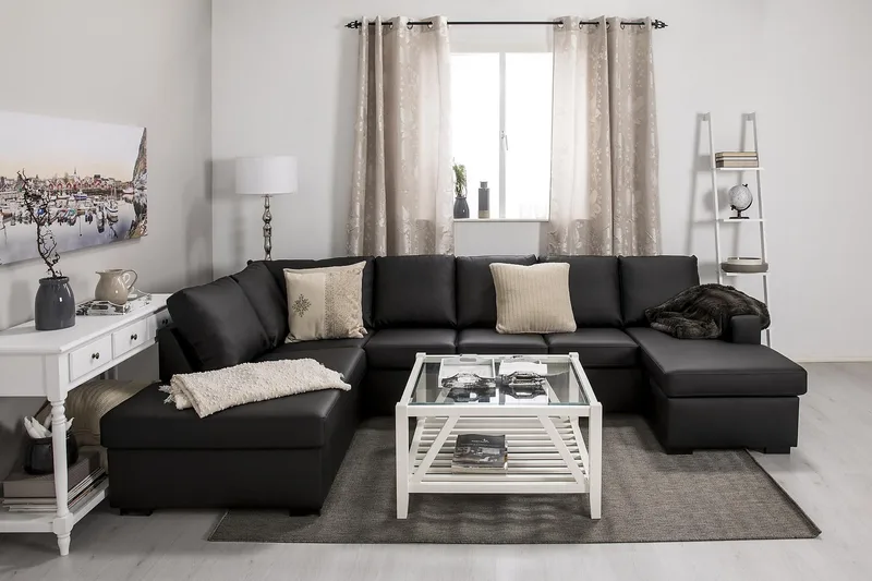 Crazy 5-seters Venstrevendt U-formet Sofa med Divan og Sjeselong i Kunstlær - Svart - Møbler - Sofaer - Skinnsofaer
