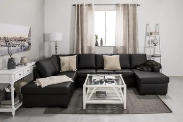 Crazy 5-seters Venstrevendt U-formet Sofa med Divan og Sjeselong i Kunstlær - Svart - Møbler - Sofaer - Skinnsofaer