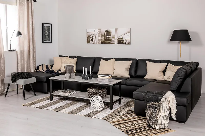 Crazy 6-seters Høyrevendt U-formet XX-Large Sofa med Divan og Sjeselong i Kunstlær - Svart - Møbler - Sofaer - Skinnsofaer