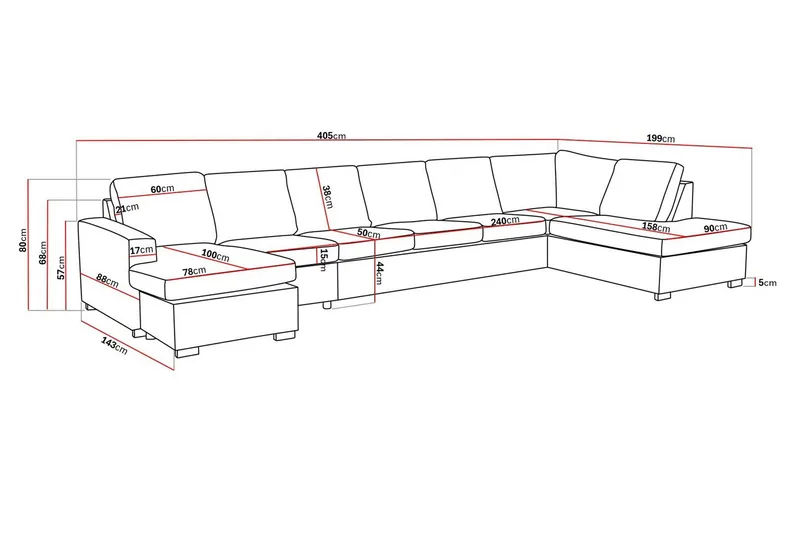 Crazy 6-seters Høyrevendt U-formet XX-Large Sofa med Divan og Sjeselong i Kunstlær - Svart - Møbler - Sofaer - Skinnsofaer