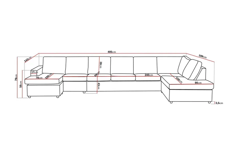 Crazy 6-seters Høyrevendt U-formet XX-Large Sofa med Divan og Sjeselong i Stoff - Antrasitt - Møbler - Sofaer - U-sofa