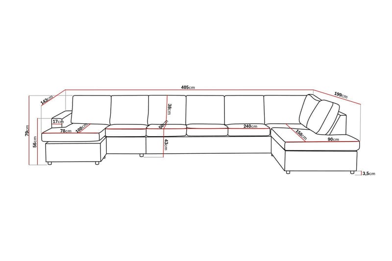 Crazy 6-seters Høyrevendt U-formet XX-Large Sofa med Divan og Sjeselong i Stoff - Antrasitt - Møbler - Sofaer - U-sofa