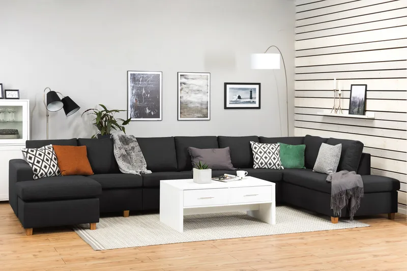 Crazy 6-seters Høyrevendt U-formet XX-Large Sofa med Divan og Sjeselong i Stoff - Antrasitt - Møbler - Sofaer - U-sofa