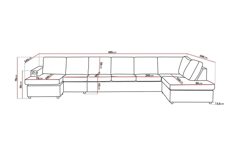 Crazy 6-seters Høyrevendt U-formet XX-Large Sofa med Divan og Sjeselong i Stoff - Antrasitt - Møbler - Sofaer - U-sofa