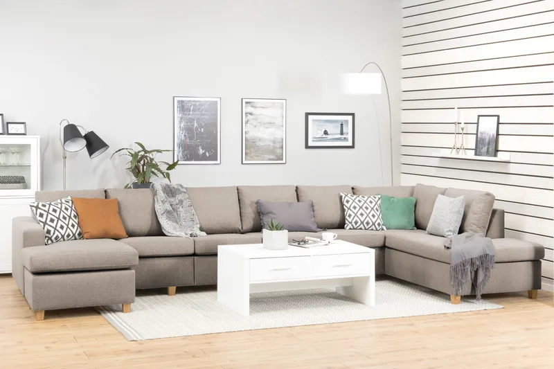 Crazy 6-seters Høyrevendt U-formet XX-Large Sofa med Divan og Sjeselong i Stoff - Beige - Møbler - Sofaer - U-sofa