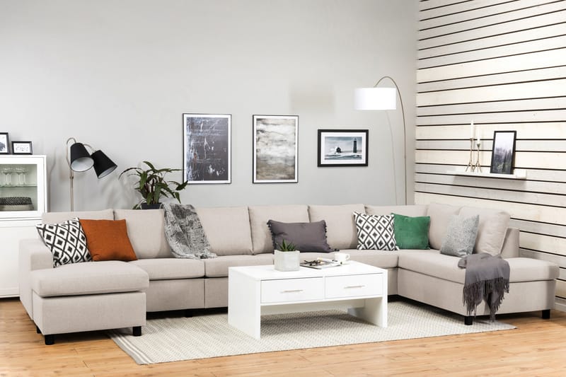 Crazy 6-seters Høyrevendt U-formet XX-Large Sofa med Divan og Sjeselong i Stoff - Beige - Møbler - Sofaer - U-sofa