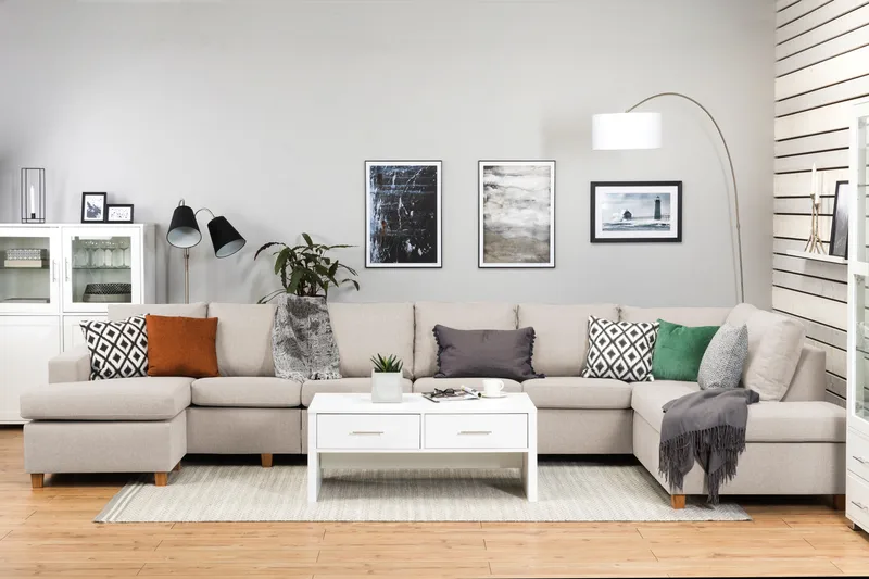 Crazy 6-seters Høyrevendt U-formet XX-Large Sofa med Divan og Sjeselong i Stoff - Beige - Møbler - Sofaer - U-sofa