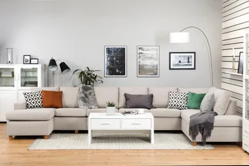 Crazy 6-seters Høyrevendt U-formet XX-Large Sofa med Divan og Sjeselong i Stoff - Beige - Møbler - Sofaer - U-sofa