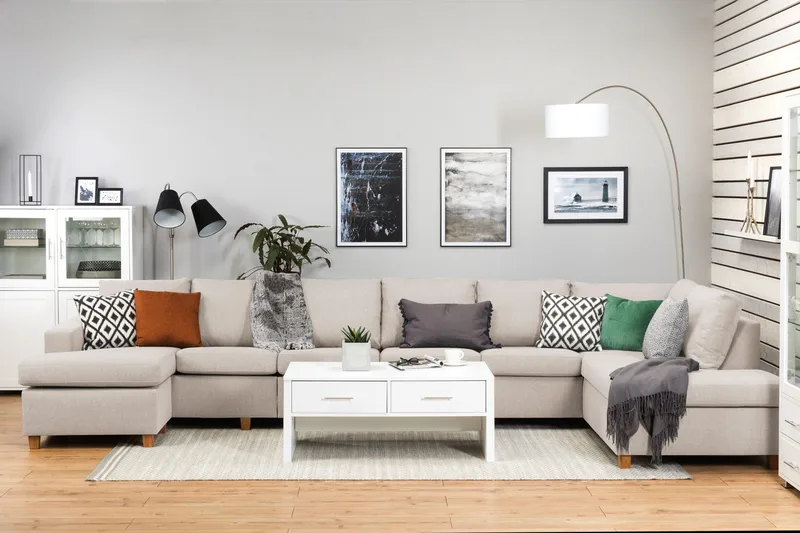 Crazy 6-seters Høyrevendt U-formet XX-Large Sofa med Divan og Sjeselong i Stoff - Beige - Møbler - Sofaer - U-sofa