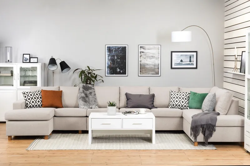 Crazy 6-seters Høyrevendt U-formet XX-Large Sofa med Divan og Sjeselong i Stoff - Beige - Møbler - Sofaer - U-sofa