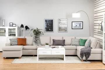 Crazy 6-seters Høyrevendt U-formet XX-Large Sofa med Divan og Sjeselong i Stoff - Beige - Møbler - Sofaer - U-sofa