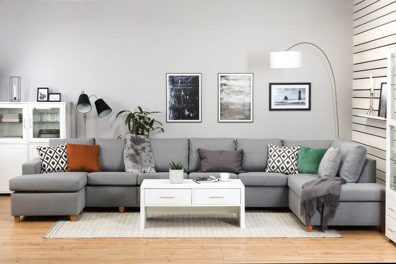 Crazy 6-seters Høyrevendt U-formet XX-Large Sofa med Divan og Sjeselong i Stoff - Grå - Møbler - Sofaer - U-sofa