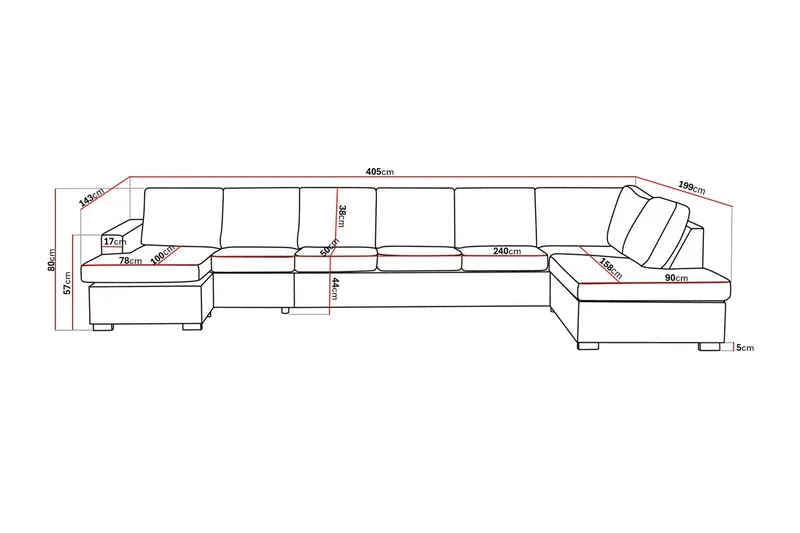 Crazy 6-seters Høyrevendt U-formet XX-Large Sofa med Divan og Sjeselong i Stoff - Grå - Møbler - Sofaer - U-sofa