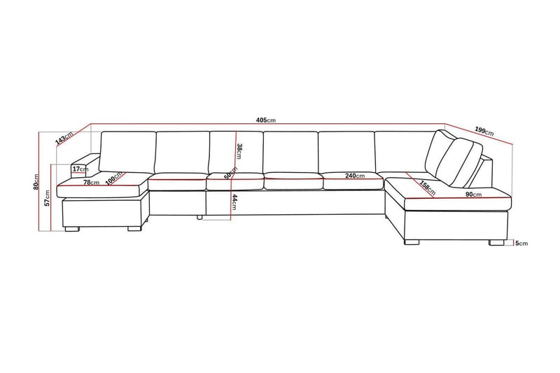 Crazy 6-seters Høyrevendt U-formet XX-Large Sofa med Divan og Sjeselong i Stoff - Grå - Møbler - Sofaer - U-sofa