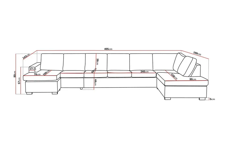 Crazy 6-seters Høyrevendt U-formet XX-Large Sofa med Divan og Sjeselong i Stoff - Grå - Møbler - Sofaer - U-sofa