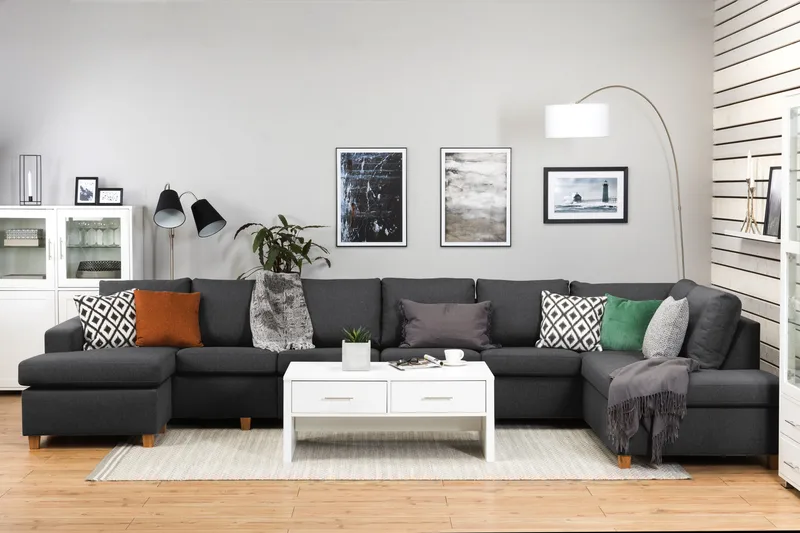 Crazy 6-seters Høyrevendt U-formet XX-Large Sofa med Divan og Sjeselong i Stoff - Mørk grå - Møbler - Sofaer - U-sofa