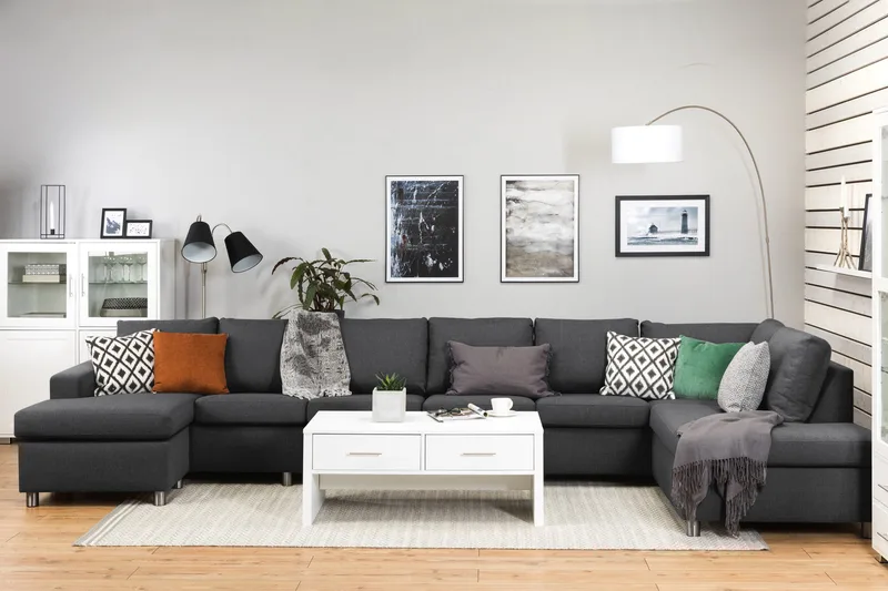 Crazy 6-seters Høyrevendt U-formet XX-Large Sofa med Divan og Sjeselong i Stoff - Mørk grå - Møbler - Sofaer - U-sofa