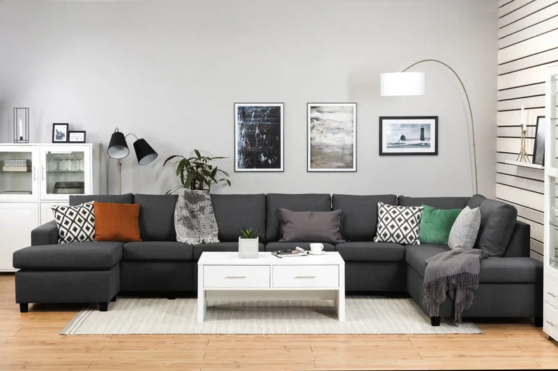 Crazy 6-seters Høyrevendt U-formet XX-Large Sofa med Divan og Sjeselong i Stoff - Mørk grå - Møbler - Sofaer - U-sofa