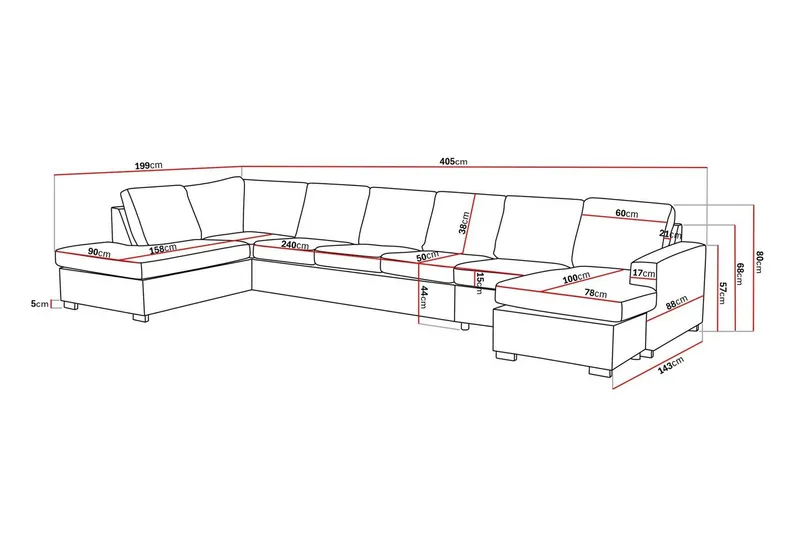 Crazy 6-seters Venstrevendt U-formet XX-Large Sofa med Divan og Sjeselong i Kunstlær - Svart - Møbler - Sofaer - Skinnsofaer